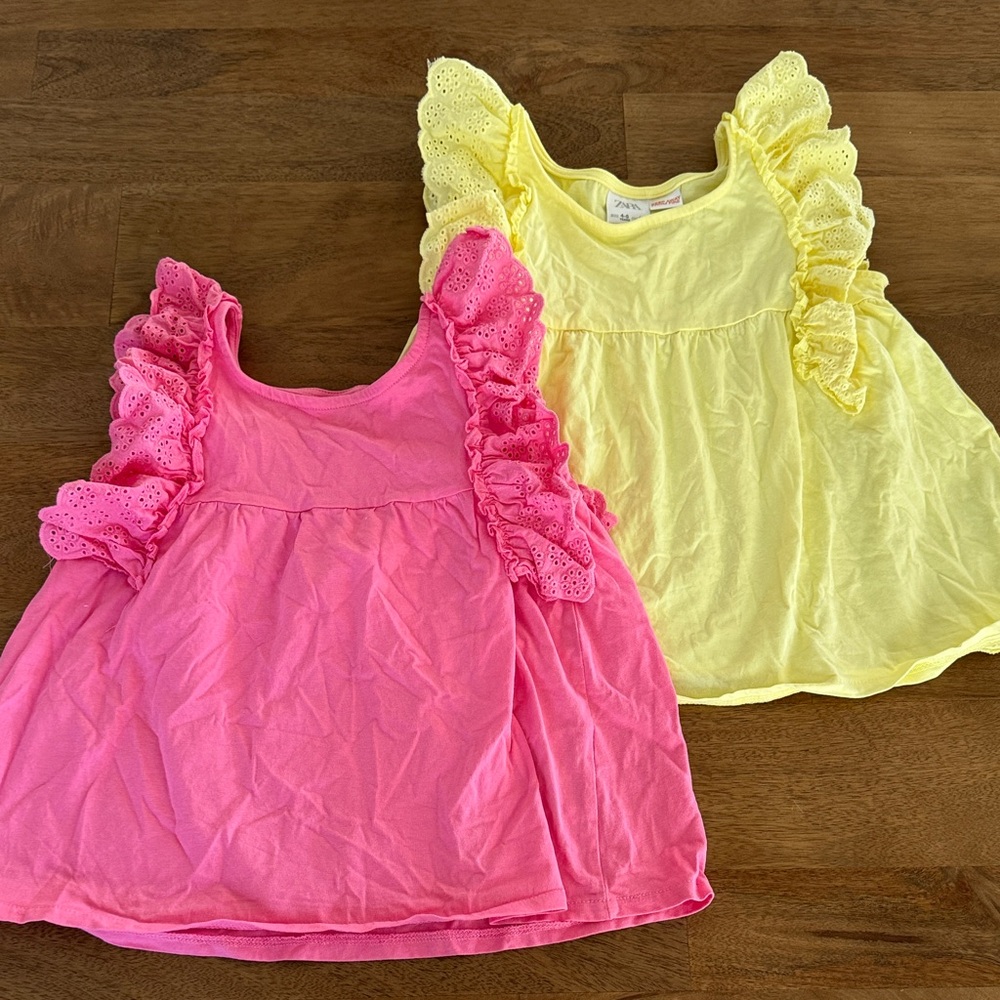 Zara Girls Pink and Yellow Ruffle Sleeve Peplum Kids Tops size 4-5. Set of two